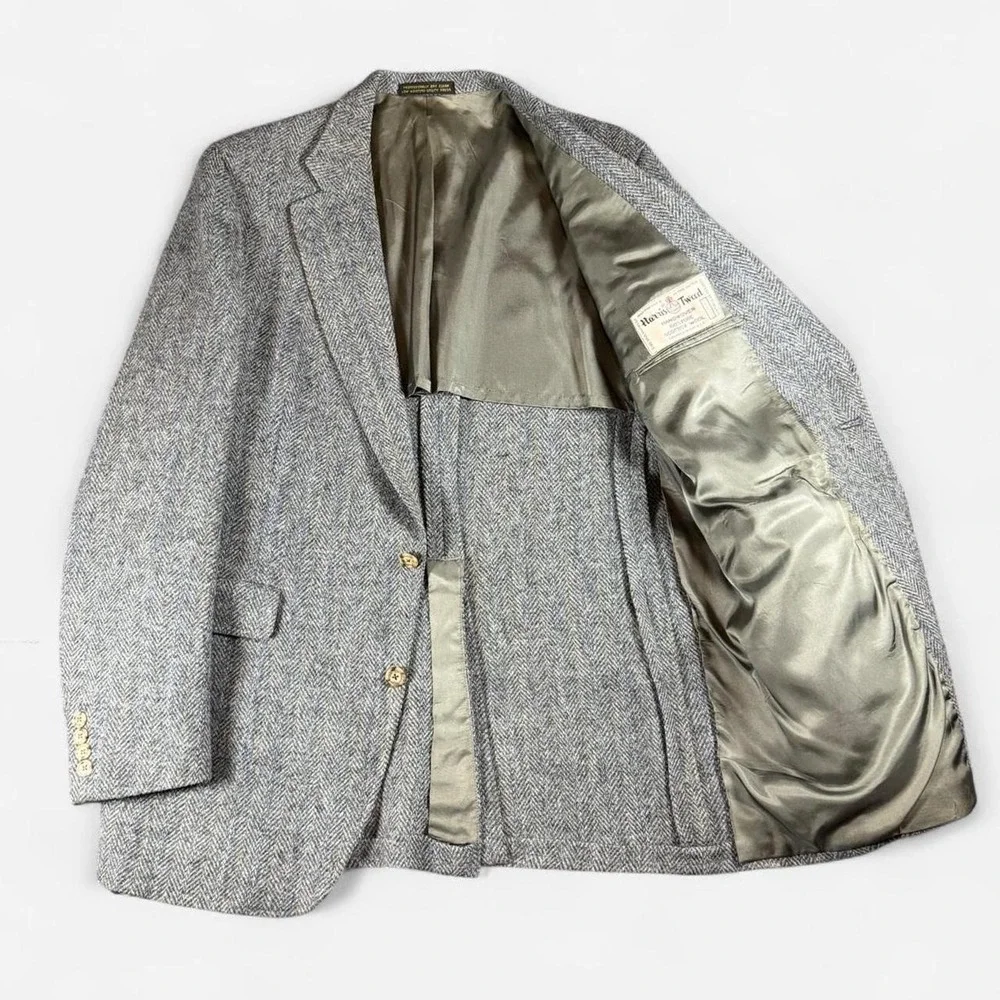 Vintage Harris Tweed Gray Herringbone 100% Wool Blazer Old Money Size 42L